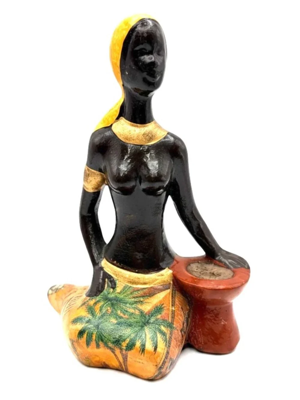Vintage African Woman Figurine Candle Holder Palm Tree Folk Art Sculpture 8.75